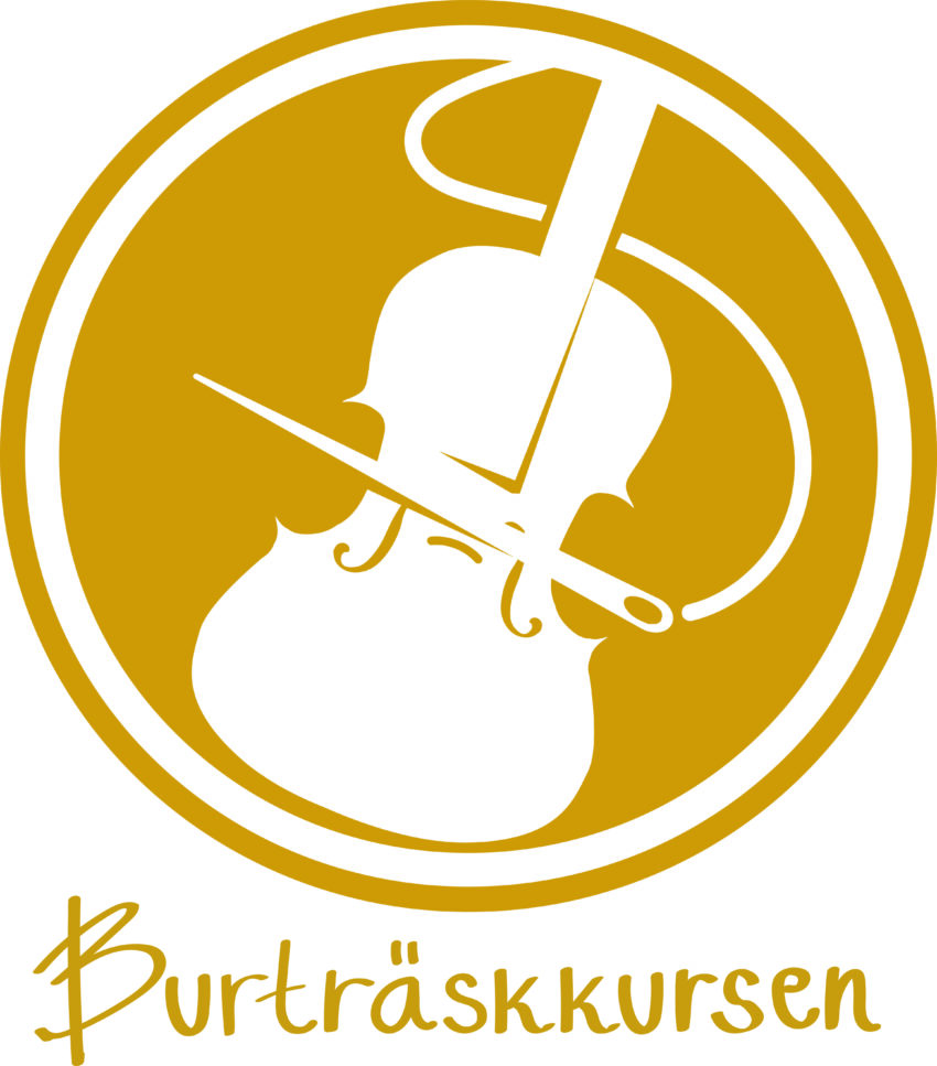 Burträskkursens logotyp, en vit fiol med en synål som stråke, mot gul bakgrund.